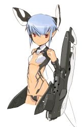 Rule 34 | 10s, 1girl, bodysuit, busou shinki, cropped legs, dark-skinned female, dark skin, digital bs tuners, expressionless, gun, headgear, holding, holding weapon, looking at viewer, mecha musume, midriff, navel, red eyes, revealing clothes, shimada fumikane, silver hair, simple background, solo, standing, stomach, strarf, weapon, white background