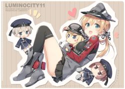 Rule 34 | 10s, 1girl, :d, anchor hair ornament, bismarck (kancolle), black thighhighs, blonde hair, blue eyes, blush, blush stickers, brown eyes, brown hair, character doll, clothes writing, green eyes, hair ornament, hat, heart, jpeg artifacts, kani biimu, kantai collection, low twintails, open mouth, peaked cap, prinz eugen (kancolle), skirt, smile, solo, thighhighs, twintails, z1 leberecht maass (kancolle), z3 max schultz (kancolle)