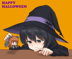 Rule 34 | 10s, 2girls, animal costume, bat ornament, bear costume, black dress, black hair, black hat, brown eyes, dress, english text, frown, girls und panzer, happy halloween, hat, holding person, long hair, long sleeves, looking at another, mini person, minigirl, multiple girls, mutsu (layergreen), open mouth, orange background, orange eyes, orange hair, pointing, reizei mako, smirk, takebe saori, wavy mouth, witch, witch hat