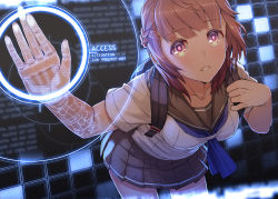Rule 34 | android, android girl (itou), backpack, bag, black skirt, blunt bangs, brown eyes, brown hair, english text, highres, holographic interface, itou (onsoku tassha), leaning forward, looking at viewer, mechanical parts, original, parted lips, pleated skirt, school uniform, serafuku, shirt, short hair, skirt, solo, thighhighs, white shirt