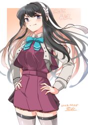 Rule 34 | 1girl, absurdres, aqua bow, aqua bowtie, black hair, blush, bow, bowtie, breasts, colored inner hair, dress, fang, grey thighhighs, hairband, hands on own hips, highres, jacket, kantai collection, large breasts, long hair, long sleeves, looking at viewer, multicolored hair, naganami (kancolle), naganami kai ni (kancolle), pink dress, pink hair, pleated skirt, skirt, smile, solo, thighhighs, twitter username, two-tone hair, watashitachino kareshi, wavy hair, white hairband