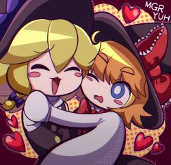 Rule 34 | 2girls, bad id, bad pixiv id, black dress, black headwear, blonde hair, blush, blush stickers, bow, braid, brown hair, buttons, carrying, character name, closed eyes, commentary request, cookie (touhou), dithering, dress, eyes visible through hair, frilled bow, frills, hair between eyes, hair bow, happy, hat, hat bow, heart, highres, kirisame marisa, kusaremix, looking at another, meguru (cookie), multiple girls, one eye closed, open mouth, polka dot, polka dot background, princess carry, puffy sleeves, purple bow, red bow, red neckwear, short hair, side braid, single braid, touhou, turtleneck, upper body, very long sleeves, wavy mouth, witch hat, yuri, yuuhi (cookie)