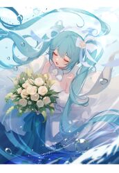Rule 34 | 1girl, absurdres, air bubble, aqua hair, aryarwr, bare shoulders, bouquet, bow, bowtie, breasts, bubble, closed eyes, dress, elbow gloves, floating hair, flower, frilled sleeves, frills, gloves, hair bow, hatsune miku, highres, holding, holding bouquet, long hair, lower teeth only, open mouth, puffy short sleeves, puffy sleeves, rose, short sleeves, solo, strapless, strapless dress, submerged, teeth, twintails, very long hair, vocaloid, white bow, white bowtie, white dress, white flower, white gloves, white rose