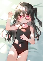 Rule 34 | 1girl, :o, arm up, bare arms, bare shoulders, bed sheet, black hair, black one-piece swimsuit, blush, collarbone, commentary request, covered navel, groin, hair between eyes, highres, long hair, lying, meito (maze), on back, one-piece swimsuit, one side up, original, parted lips, purple eyes, solo, swimsuit, very long hair