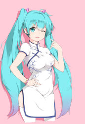Rule 34 | 1girl, absurdres, aqua eyes, aqua hair, bracelet, china dress, chinese clothes, cowboy shot, dress, hand on own hip, hatsune miku, highres, jewelry, long hair, looking at viewer, one eye closed, open mouth, pink background, solo, somen, thighhighs, twintails, very long hair, vocaloid, white thighhighs