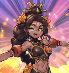 Rule 34 | 1girl, :d, ;d, bare shoulders, braid, braided ponytail, breasts, brown hair, dark-skinned female, dark skin, detached sleeves, emphasis lines, facial mark, fangs, flower, hair bun, hair flower, hair ornament, korean commentary, la ilusion nidalee, large breasts, league of legends, midriff, navel, nidalee, official alternate costume, official alternate hairstyle, one eye closed, open mouth, orange flower, outstretched arms, parted bangs, phantom ix row, red sleeves, shiny skin, single braid, single hair bun, smile, solo, stomach, teeth, tongue, upper body, upper teeth only