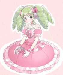 Rule 34 | 1girl, bad id, bad twitter id, bow, colored eyelashes, commentary request, dress, falulu, frilled dress, frills, gloves, green hair, grey eyes, hair bow, headphones, highres, holding tiara, idol clothes, inactive account, long hair, looking at viewer, open mouth, pink background, pink bow, pink dress, pretty series, pripara, puffy short sleeves, puffy sleeves, shiyurinpu, short sleeves, sidelocks, sitting, solo, tiara, twintails, white gloves