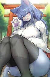 Rule 34 | 1girl, absurdres, animal ears, animal hands, black thighhighs, blue hair, blurry, blurry background, body fur, braid, braided ponytail, breasts, fang, furry, furry female, glasses, hand up, highres, japanese clothes, kimono, large breasts, long hair, long sleeves, looking at viewer, open mouth, original, outdoors, purple eyes, round eyewear, solo, suurin (ksyaro), tail, thick thighs, thighhighs, thighs, torii, twitter username, white fur, white kimono