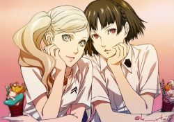 Rule 34 | 10s, 2girls, blonde hair, breasts, brown hair, cleavage, collarbone, food, gradient background, grey eyes, head rest, ice cream, jewelry, k utao, looking at viewer, multiple girls, necklace, niijima makoto, parted lips, persona, persona 5, red eyes, shirt, short hair, short sleeves, side ponytail, small breasts, takamaki anne, upper body, white shirt