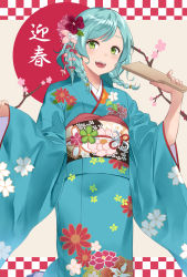 Rule 34 | 1girl, :d, aqua hair, aqua kimono, asato (fadeless), bang dream!, bow, braid, branch, cherry blossoms, commentary request, floral print, flower, flower knot, green eyes, hagoita, hair bow, hair flower, hair ornament, highres, hikawa hina, holding, japanese clothes, kanzashi, kimono, long sleeves, obi, open mouth, paddle, pink flower, red flower, sash, short hair, side braids, smile, solo, wide sleeves, yellow bow
