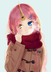 Rule 34 | 1girl, absurdres, blue background, blue eyes, blush, coat, commentary request, fate/grand order, fate (series), frankenstein&#039;s monster (fate), hair ornament, hairclip, head tilt, headgear, heterochromia, highres, horns, long hair, looking at viewer, pink hair, scarf, single horn, solo, tsukiyo kapibara, upper body, winter clothes, winter coat, yellow eyes