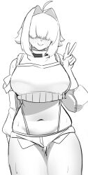 Rule 34 | 1girl, ahoge, blush, breasts, crop top, cropped sweater, elegg (nikke), exposed pocket, goddess of victory: nikke, greyscale, grin, hair intakes, hair over eyes, highres, large breasts, long bangs, long sleeves, looking at viewer, micro shorts, monochrome, navel, purple eyes, short hair, shorts, smile, solo, suspender shorts, suspenders, sweat, thighs, unknownnoname0, v