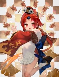 Rule 34 | 1girl, benienma (fate), bird, blunt bangs, commentary request, fate/grand order, fate (series), geta, hat, highres, japanese clothes, kimono, lack, long sleeves, platform clogs, red eyes, red hair, solo, sparrow, white legwear, wide sleeves