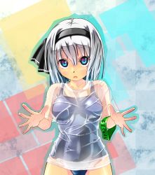 Rule 34 | 1girl, :o, blue eyes, blue one-piece swimsuit, female focus, hairband, konpaku youmu, looking at viewer, one-piece swimsuit, school swimsuit, shirt, short hair, silver hair, solo, swimsuit, swimsuit under clothes, touhou, unomi, wet, wet clothes, wet shirt