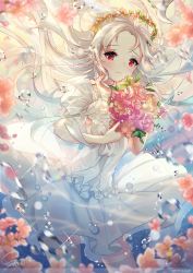 Rule 34 | 1girl, bad artstreet id, bad id, blush, bouquet, bow, bubble, floating hair, flower, highres, holding, holding bouquet, holding flower, long hair, looking at viewer, original, red eyes, signature, snow is, snow is , solo, white bow, white hair