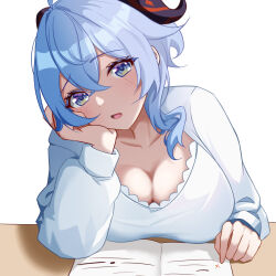 Rule 34 | 1girl, blue hair, breasts, bu weizhuang, cleavage, commentary request, ganyu (genshin impact), genshin impact, grey eyes, hand up, head rest, head tilt, horns, large breasts, long hair, long sleeves, looking at viewer, open mouth, shirt, simple background, solo, upper body, white background, white shirt
