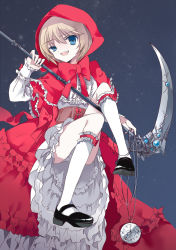 Rule 34 | 1girl, bad id, bad pixiv id, capelet, cierra (ra-bit), corset, cosplay, dress, hood, inishie no megami to houseki no ite, layered dress, little red riding hood, little red riding hood (grimm), little red riding hood (grimm) (cosplay), long sleeves, looking at viewer, mary janes, open mouth, panties, pantyshot, pocket watch, red dress, scythe, shoes, sitting, smile, solo, underwear, uneven eyes, upskirt, watch, white dress, white panties