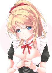 Rule 34 | 1girl, :o, ayase eli, blonde hair, blue eyes, blush, bow, breasts, choker, cleavage, collarbone, frapowa, hair between eyes, hair bow, high ponytail, long hair, love live!, love live! school idol project, medium breasts, neck ribbon, red bow, red ribbon, ribbon, short sleeves, simple background, solo, striped, striped bow, swept bangs, upper body, white background, wrist cuffs