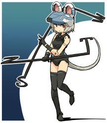 Rule 34 | 1girl, :/, animal ears, black footwear, black gloves, black thighhighs, blush, boots, breasts, busou shinki, crossed arms, crossover, doll joints, dowsing rod, dual wielding, expressionless, full body, gloves, gradient background, grey hair, holding, index finger raised, joints, leg lift, leotard, looking at viewer, mouse ears, mouse tail, nazrin, no nose, outline, parody, red eyes, robot joints, shadow, short hair, small breasts, solo, standing, standing on one leg, tail, thigh boots, thighhighs, touhou, yudepii