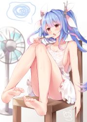 Rule 34 | 10s, 1girl, alternate costume, bare arms, bare shoulders, barefoot, blue hair, blush, breasts, chair, collarbone, dress, electric fan, fang, feet, food, foot focus, highres, holding, holding food, i-19 (kancolle), kantai collection, long hair, medium breasts, nahaki, open mouth, popsicle, red eyes, sideboob, sitting, sleeveless, sleeveless dress, solo, toes, tri tails, white dress