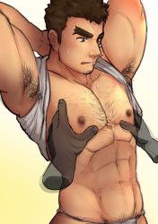 Rule 34 | 1boy, 1other, abs, bara, barry go, blush, body hair, brown hair, chest hair, facial hair, goatee, grabbing, groping, highres, long sideburns, male focus, manly, muscular, navel, nipples, pectoral grab, pectorals, sideburns, simple background, stubble, sweatdrop, takabushi kengo, thick eyebrows, tokyo houkago summoners, upper body