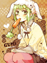 Rule 34 | 1girl, animal ears, animal hat, bad id, bad pixiv id, bonnet, brown background, carrot, character name, copyright name, eating, green eyes, green hair, gumi, hat, layered sleeves, long sleeves, looking at viewer, makoto (roketto-massyumaro), matching hair/eyes, mouth hold, pantyhose, pink pantyhose, pom pom (clothes), rabbit ears, short hair, short over long sleeves, short sleeves, sitting, solo, vocaloid