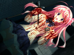 Rule 34 | 00s, 1girl, blood, blood on face, blood on clothes, blue skirt, chaos;head, game cg, highres, holding, holding weapon, long hair, official art, open mouth, pink eyes, pink hair, pleated skirt, sakihata rimi, school uniform, skirt, solo, weapon