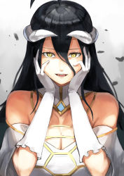 Rule 34 | 1girl, :d, ahoge, albedo (overlord), black hair, breasts, cleavage, detached collar, gloves, grey background, hair between eyes, horns, large breasts, long hair, looking at viewer, nasubin (nasubisamurai15), open mouth, overlord (maruyama), slit pupils, smile, solo, upper body, very long hair, white gloves, yandere trance, yellow eyes