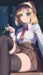 Rule 34 | 1girl, absurdres, black thighhighs, blonde hair, blue eyes, blunt bangs, bob cut, breasts, brown hat, brown skirt, collared shirt, deerstalker, detective, feet out of frame, grin, hair ornament, hat, hechium, high-waist skirt, highres, holding, holding syringe, hololive, hololive english, indoors, looking at viewer, medium breasts, miniskirt, necktie, pleated skirt, red necktie, shirt, short hair, short necktie, sitting, skirt, smile, solo, syringe, tented shirt, thick thighs, thighhighs, thighs, virtual youtuber, watson amelia, watson amelia (1st costume), white shirt