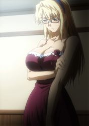 Rule 34 | 1girl, absurdres, blonde hair, blue eyes, blush, breasts, cleavage, dress, freezing (series), glasses, highres, large breasts, long hair, red dress, sad, satellizer el bridget, solo, standing, stitched, third-party edit