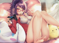 Rule 34 | 1girl, absurdres, ass, barefoot, blush, breasts, clothes, controller, cookie, eating, food, glasses, gundou mirei, hair ornament, highres, jacket, joystick, long hair, long sleeves, looking at viewer, multiple girls, nijisanji, ponytail, purple hair, rai (newtype xm-x1), red eyes, shirt, solo, swept bangs, toes, virtual youtuber, white shirt