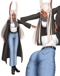 Rule 34 | 1girl, absurdres, alternate costume, animal ears, ass, belt, black belt, black footwear, black jacket, blush, boku no hero academia, boots, breasts, casual, dark-skinned female, dark skin, denim, earrings, grey scarf, hair between eyes, hair over one eye, high heel boots, high heels, highres, hoop earrings, huge filesize, jacket, jeans, jewelry, kyulohana, large breasts, long eyelashes, long hair, looking at viewer, mirko, multiple views, nail polish, outstretched arm, pants, parted bangs, rabbit ears, rabbit girl, red eyes, scarf, shirt, smile, thighs, tight clothes, tight pants, white background, white hair, white nails, white shirt