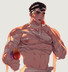 Rule 34 | &gt; o, 1boy, ;p, abs, artist name, bandaged arm, bandaged hand, bandaged head, bandages, bara, black hair, candy, chest sarashi, clothing cutout, food, halloween, halloween costume, highres, holding, holding candy, holding food, holding lollipop, large pectorals, lollipop, male focus, mummy costume, muscular, muscular male, naked bandage, navel, navel cutout, one eye closed, original, pectorals, sarashi, short hair, solo, tongue, tongue out, white background, yotti