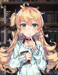 Rule 34 | 1girl, animal ears, bare shoulders, blonde hair, book, bookshelf, bow, braid, choker, collarbone, drill hair, finger to mouth, green eyes, hair between eyes, hair bow, hair ribbon, highres, holding, holding book, index finger raised, library, long hair, looking at viewer, natori youkai, off-shoulder, off-shoulder sweater, off shoulder, one side up, original, ribbon, side braid, sleeves past wrists, smile, solo, sweater, white sweater
