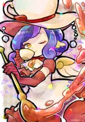 Rule 34 | 1girl, ascot, closed mouth, cup, darjeelia, doradorakingyo, dress, drinking, eyelashes, gloves, hat, hat ribbon, holding, holding cup, holding spoon, purple hair, puyopuyo, puyopuyo quest, red gloves, red ribbon, ribbon, short hair, smile, solo, spoon, sugar cube, tea, teacup, top hat, twitter username, white ascot, white dress, white hat, yellow eyes, yellow wings