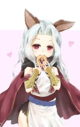 Rule 34 | 1girl, animal ears, blush, cape, closed mouth, commentary request, doughnut, dress, eating, food, forehead, granblue fantasy, hands up, heart, highres, holding, holding food, long hair, looking at viewer, maru shion, parted bangs, pink background, red cape, red eyes, scathacha (granblue fantasy), silver hair, sleeveless, sleeveless dress, smile, solo, two-tone background, vambraces, white background, white dress