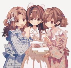 Rule 34 | 3girls, blue bow, blue dress, bow, box, braid, brown eyes, brown hair, doughnut, dress, expressionless, food, frilled dress, frilled sleeves, frills, hair between eyes, hair bow, highres, holding, holding box, holding food, ka (marukogedago), long hair, long sleeves, looking at viewer, medium hair, multiple girls, open mouth, original, pastry box, pink dress, simple background, smile, upper body, white background, white bow, white dress