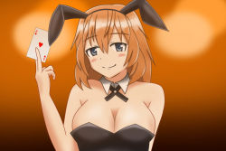 Rule 34 | 1girl, ace (playing card), akaharanewt, animal ears, bare shoulders, blue eyes, blush, breasts, card, charlotte e. yeager, cleavage, detached collar, fake animal ears, heart, large breasts, leotard, long hair, looking at viewer, orange hair, playboy bunny, playing card, rabbit ears, smile, strike witches, world witches series