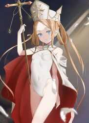 Rule 34 | 1girl, abigail williams (fate), abigail williams (swimsuit foreigner) (fate), abigail williams (swimsuit foreigner) (second ascension) (fate), bare shoulders, blonde hair, blue eyes, blush, breasts, cameltoe, cape, covered navel, fate/grand order, fate (series), forehead, hat, highres, leotard, long hair, looking at viewer, mailixiang, mitre, parted bangs, sidelocks, small breasts, smile, solo, staff, thighs, twintails, very long hair, white cape, white hat, white leotard