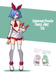 Rule 34 | 1girl, bare shoulders, blue hair, breasts, breasts out, detached collar, detached sleeves, disgaea, envious-fool, flat chest, highres, makai senki disgaea, nipples, no bra, original, pointy ears, red eyes, short hair, small breasts, stuffed toy, tagme, thighhighs, topless, white thighhighs
