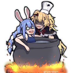 Rule 34 | 2girls, akai haato, alternate costume, animal ears, blonde hair, boiling, bow, burning, cauldron, chef hat, cooking, covered eyes, cucumber, cucumber slice, firewood, food-themed hair ornament, hair between eyes, hair bow, hair ornament, hat, heart, heart hair ornament, hololive, long hair, looking at another, multicolored hair, multiple girls, pot, rabbit ears, reverie (reveriesan), shaded face, swimsuit, thick eyebrows, toque blanche, twitter username, two-tone hair, usada pekora, very long hair, virtual youtuber, white background