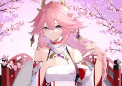 Rule 34 | 1girl, absurdres, animal ears, bare shoulders, breasts, bridge, cherry blossoms, day, detached sleeves, earrings, falling petals, floppy ears, fox ears, gem, genshin impact, glint, hair between eyes, hand in own hair, hand on own chest, highres, japanese clothes, jewelry, jun (30409972), light blush, long hair, medium breasts, nail polish, nontraditional miko, outdoors, parted lips, petals, pink hair, pink nails, purple eyes, purple gemstone, shirt, sleeveless, sleeveless shirt, solo, turtleneck, upper body, white shirt, wide sleeves, yae miko