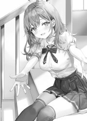 1girl absurdres ahoge blush bow bowtie breasts buttons collarbone collared_shirt commentary_request feet_out_of_frame flower greyscale hair_between_eyes hair_flower hair_ornament hair_over_shoulder hairpin happy head_tilt highres indoors knees_together_feet_apart large_breasts long_hair looking_at_viewer mariya_mikhailovna_kujou momoko_(momopoco) monochrome novel_illustration official_art open_mouth outstretched_arms pleated_skirt puffy_short_sleeves puffy_sleeves reaching reaching_towards_viewer school_uniform seiren_academy_school_uniform shirt shirt_tucked_in short_sleeves sitting sitting_on_stairs skirt solo stairs thighhighs tokidoki_bosotto_roshia-go_de_dereru_tonari_no_alya-san window wing_collar zettai_ryouiki