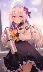 Rule 34 | 1girl, absurdres, arashiomoto, assault rifle, azusa (blue archive), blue archive, blush, commentary, flower, frilled skirt, frills, gun, hair between eyes, hair flower, hair ornament, halo, highres, long hair, looking at viewer, open mouth, purple eyes, rifle, school uniform, silver hair, skirt, sky, solo, weapon, wings