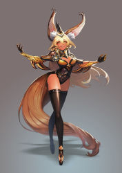 Rule 34 | 1girl, absurdres, animal ear fluff, animal ears, armor, black headwear, black thighhighs, blonde hair, breasts, clawed gauntlets, cleavage cutout, clothing cutout, full body, gauntlets, gradient background, grin, hair between eyes, helmet, high heels, highres, long hair, long tail, looking at viewer, medium breasts, orange eyes, original, outstretched arms, parted lips, pinion, raised eyebrow, sharp teeth, shoulder armor, smile, solo, spread arms, standing, tail, teeth, thighhighs