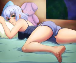 Rule 34 | 10s, 1girl, amagi brilliant park, ass, bare legs, bare shoulders, barefoot, bed, blue hair, blush, camisole, feet, finalcake, green eyes, legs, looking at viewer, lying, muse (amaburi), pillow, short hair, shorts, solo, stuffed toy, toes
