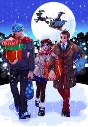 Rule 34 | 1girl, 2boys, ace attorney, apollo justice, apollo justice: ace attorney, bag, beret, black hair, blue badger, blue headwear, blue necktie, blush, box, brown eyes, brown hair, christmas, coat, full body, gift, gift box, hat, jacket, locked arms, long sleeves, looking at another, moon, mr hat (ace attorney), multiple boys, necktie, night, pantyhose, phoenix wright, ragi (od6fine), red scarf, santa costume, santa hat, scarf, short hair, skirt, sleigh, smile, snow, snowing, trucy wright, vest, walking, winter, winter clothes