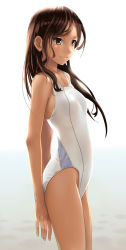 Rule 34 | 1girl, armpits, arms behind back, brown eyes, brown hair, competition swimsuit, cowboy shot, flat chest, from side, hair between eyes, highleg, horizon, katahira masashi, light, long hair, one-piece swimsuit, original, outdoors, smile, solo, standing, swimsuit, water, white one-piece swimsuit, white theme