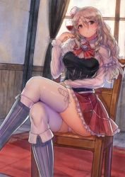 Rule 34 | 10s, 1girl, blush, boots, breasts, brown eyes, chair, commentary request, crossed legs, cup, curtains, drinking glass, frilled skirt, frills, grey hair, hat, kantai collection, large breasts, long hair, looking at viewer, mini hat, miniskirt, panties, panty peek, pantyshot, pleated skirt, pola (kancolle), sitting, skirt, solo, thighhighs, underwear, urokoda, wavy hair, white thighhighs, window, wine glass