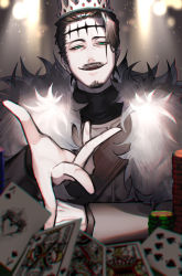 Rule 34 | 1boy, absurdres, arm rest, arms on table, black clover, black hair, black shirt, blurry, blurry background, blurry foreground, brown jacket, cape, card, crown, dante zogratis, depth of field, facial hair, facial mark, frit 2, full house (poker), fur cape, fur collar, gem, goatee, green eyes, grin, hair behind ear, hair slicked back, high collar, highres, indoors, jacket, light particles, light rays, looking at viewer, male focus, mustache, narrowed eyes, open mouth, outstretched hand, playing card, poker chip, red gemstone, shirt, short hair, shoulder strap, sideburns, single sidelock, smile, smug, solo, straight-on, teeth, upper teeth only